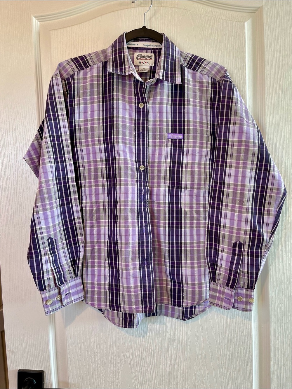 Vintage Cowgirl Hardware Purple Silver Metalic Plaid Rodeo Western Shirt
